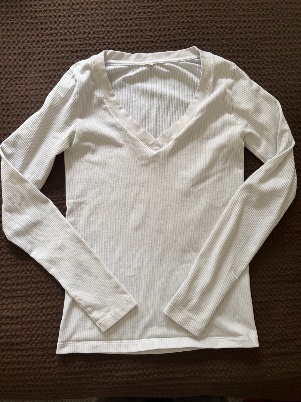 White V-Neck Long Sleeve Ribbed Top